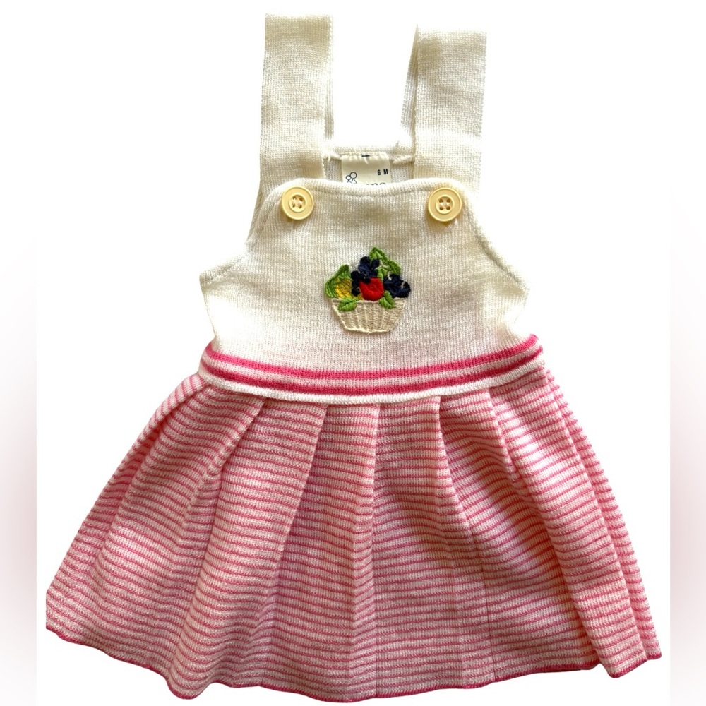 OZONA French Vintage Baby Knit Cotton Dress Sz 6 Mo Fruit Basket Appliqué Pink